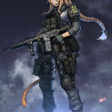 hetza (hellshock), original, 1girl, animal ears, armor, assault rifle, belt pouch, black footwear, blonde hair, body armor, boots, braid, brn-180, camouflage, camouflage pants