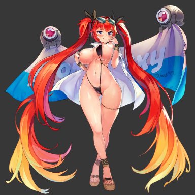 paintale, last origin, may of doom, 1girl, absurdly long hair, anklet, areola slip, areolae, ass visible through thighs, bikini, black swimsuit, blush, bouncing breasts, bracelet, breasts