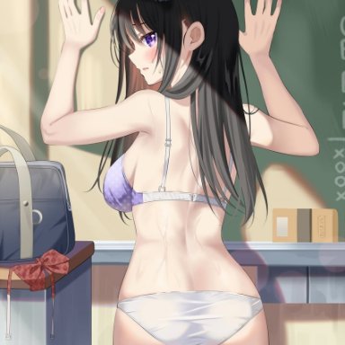 piyopoyo, original, 1girl, against wall, arms up, ass, back, bag, bangs, bare arms, bare shoulders, black hair, blush, bow, bowtie