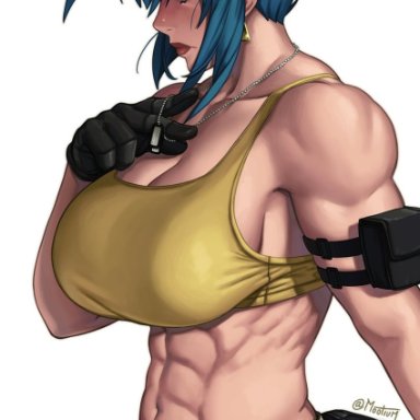 mootium, the king of fighters, the king of fighters xiv, the king of fighters xv, leona heidern, 1girl, abs, armlet, bangs, bare shoulders, biceps, blue eyes, blue hair, breasts, camouflage