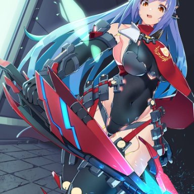 ichthys spnov, xenoblade chronicles (series), xenoblade chronicles 2, poppi (xenoblade), poppi qtpi (xenoblade), 1girl, android, bangs, blue hair, breasts, covered navel, eyebrows visible through hair, gradient hair, holding, holding sword