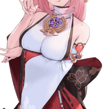 marble (marblesized), genshin impact, yae miko, 1girl, animal ears, bare shoulders, black bow, bow, breast hold, breasts, cowboy shot, detached sleeves, earrings, eyebrows visible through hair, fingernails