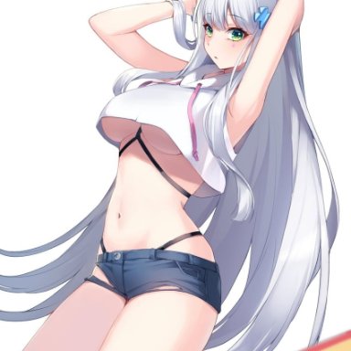 ugwa, girls' frontline, hk416 (girls' frontline), 1girl, armpits, arms behind head, arms up, bare arms, bare shoulders, blue shorts, breasts, chest harness, cowboy shot, crop top, crop top overhang
