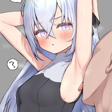 ushimittsu, blue archive, azusa (blue archive), 1boy, 1girl, ?, armpits, arms up, bangs, bare arms, bare shoulders, blush, breasts, hair ornament, halo
