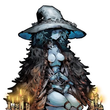anaertailin, elden ring, ranni the witch, 1girl, blue eyes, blue hair, blue skin, breasts, candle, cape, colored skin, crack, cracked skin, doll joints, extra arms