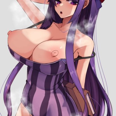 yukito (dreamrider), touhou, patchouli knowledge, 1girl, blush, book, breasts, cleavage, collarbone, cowboy shot, crescent, crescent hair ornament, dress, eyebrows visible through hair, female pubic hair