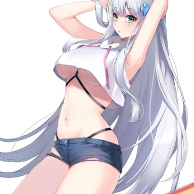 ugwa, girls' frontline, hk416 (girls' frontline), 1girl, armpits, arms behind head, arms up, bare arms, bare shoulders, blue shorts, breasts, chest harness, cowboy shot, crop top, crop top overhang