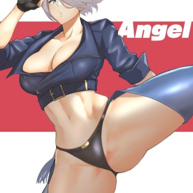 anagumasan, the king of fighters, angel (kof), 1girl, bangs, black gloves, blue eyes, breasts, chaps, character name, cleavage, collarbone, cropped jacket, fingerless gloves, fingernails