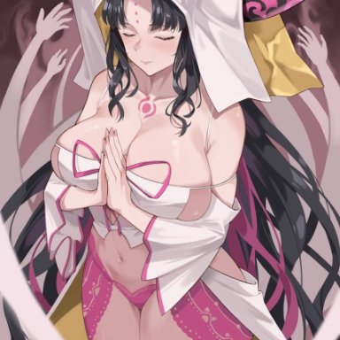 fromgod jungle, fate/extra, fate/extra ccc, fate (series), sesshouin kiara, 1girl, bangs, bare shoulders, black hair, breasts, chest tattoo, cleavage, closed eyes, collarbone, dress
