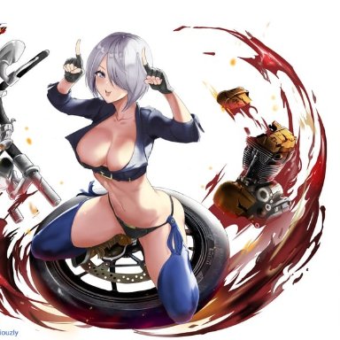 furiouzly, azur lane, the king of fighters, angel (kof), 1girl, boots, bra, breasts, chaps, cleavage, cowboy boots, cropped jacket, expressions, finger horns, fingerless gloves