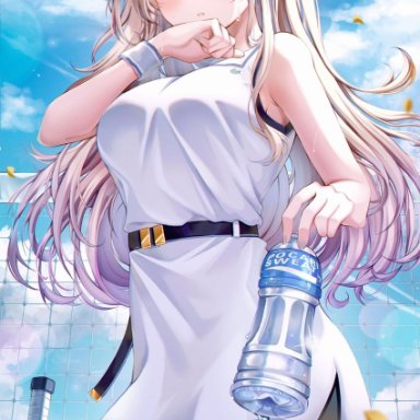 wol (wol 927), original, 1girl, bare arms, bare shoulders, belt, blonde hair, blue eyes, bottle, breasts, closed mouth, cowboy shot, day, dress, hair ornament