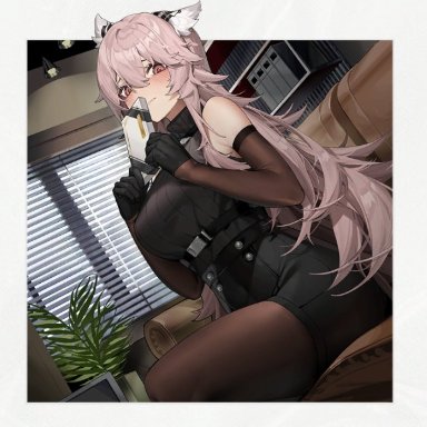 girls' frontline, girls' frontline neural cloud, persica (girls' frontline), persicaria (girls' frontline nc), 1girl, animal ears, blush, box, box of chocolates, breasts, cabinet, cat ears, cat girl, couch, file