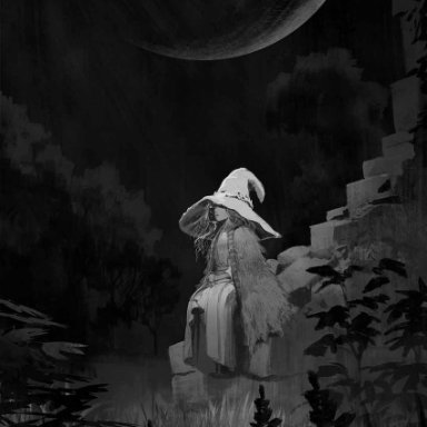 l aciel, elden ring, ranni the witch, 1girl, cape, dress, email address, extra arms, extra faces, fur cape, grass, greyscale, hat, long hair, monochrome