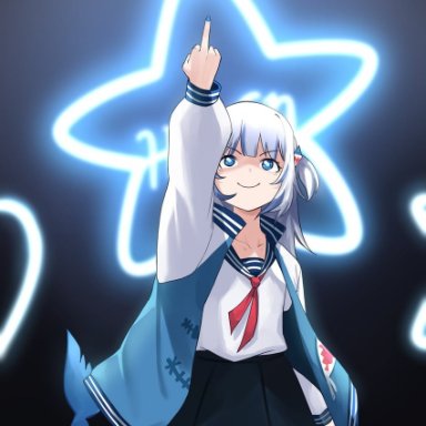 ameiarts, hololive, hololive english, gawr gura, 1girl, bangs, blue eyes, blue hair, blunt bangs, fish tail, hair ornament, jersey, middle finger, multicolored hair, neon lights
