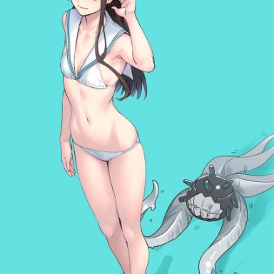 yuuji (and), kantai collection, enemy naval mine (kancolle), ooyodo (kancolle), z3 max schultz (kancolle), 1girl, 1other, aqua eyes, arm up, bare arms, bare legs, bare shoulders, bikini, black hair, blue background
