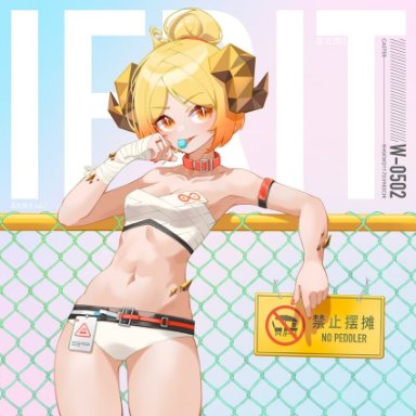 zhengqi zhizi sg, arknights, ifrit (arknights), ifrit (sunburn) (arknights), 1girl, against fence, arm strap, armpits, ass visible through thighs, background text, bandaged hand, bandages, bangs, bare shoulders, bikini