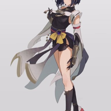 sooon, genshin impact, kujou sara, 1girl, bird mask, black gloves, black hair, breasts, closed mouth, detached sleeves, full body, geta, gloves, impossible clothes, impossible shirt