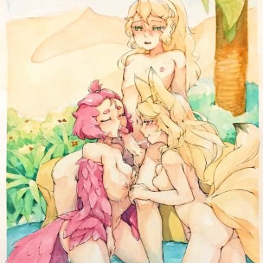 reno coffee, towergirls, harpy princess (towergirls), kitsune princess (towergirls), nomad princess (towergirls), 3girls, animal ears, arm support, ass, bangs, blonde hair, breasts, closed eyes, completely nude, cowboy shot