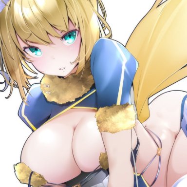 hot vr, fate/grand order, fate (series), artoria pendragon (fate), mash kyrielight, mash kyrielight (dangerous beast), saber, 1girl, animal ears, aqua eyes, arched back, blonde hair, braid, breasts, cosplay
