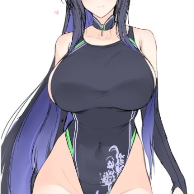 halcon, blue archive, shun (blue archive), 1girl, animal ears, ass visible through thighs, bangs, bare shoulders, black hair, black swimsuit, breasts, bridal gauntlets, collarbone, covered navel, detached collar