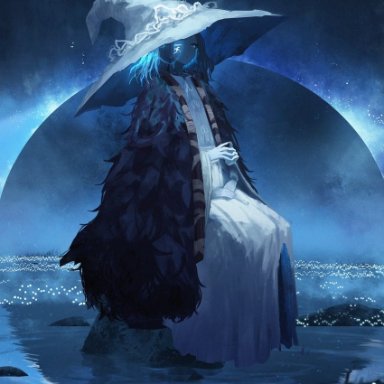 asteroid ill, elden ring, ranni the witch, 1girl, blue background, blue eyes, blue hair, blue skin, blue theme, cape, colored skin, dress, extra arms, extra faces, from side