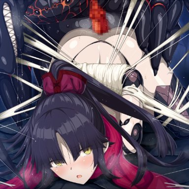 horosuke, fate/grand order, fate (series), katou danzou (fate), 1girl, arms behind back, ass, bangs, bare shoulders, bestiality, black hair, blush, bound, bound arms, breasts