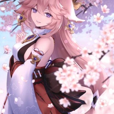 asahi (vjss4548), genshin impact, yae miko, 1girl, animal ears, black bow, blurry, blurry foreground, bow, branch, breasts, cherry blossoms, cowboy shot, detached sleeves, earrings