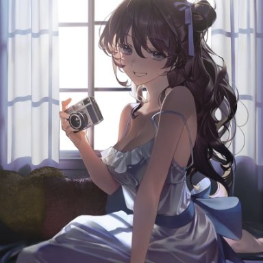 shycocoa, original, 1girl, arm support, blue bow, blush, bow, breasts, brown hair, camera, cleavage, collarbone, curtains, cushion, dress