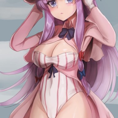 namiki (remiter00), touhou, patchouli knowledge, 1girl, >:(, arms up, bangs, blue ribbon, blunt bangs, blush, bow, breasts, cameltoe, capelet, collar