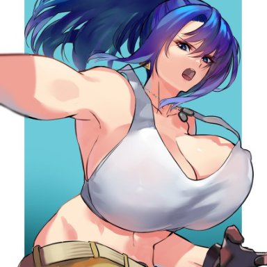 negresco, the king of fighters, the king of fighters xiv, the king of fighters xv, leona heidern, 1girl, bangs, bare shoulders, belt, blue eyes, blue hair, breasts, camouflage, camouflage pants, cleavage