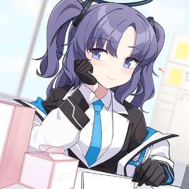 narynn, blue archive, yuuka (blue archive), 1girl, bangs, black gloves, blue necktie, blurry, blurry background, box, cheek rest, closed mouth, collared shirt, cup, eyebrows visible through hair