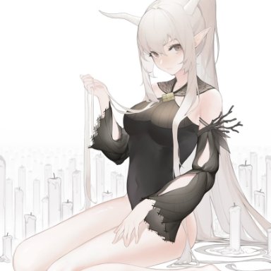 pwd, arknights, shining (arknights), shining (silent night) (arknights), alternate costume, bangs, bare legs, bare shoulders, barefoot, black swimsuit, breasts, candle, closed mouth, full body, hair between eyes