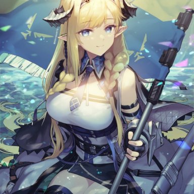 nakamura eight, arknights, saileach (arknights), 1girl, arm strap, bangs, bare shoulders, blonde hair, blue eyes, blue necktie, breasts, eyebrows visible through hair, flag, hairband, holding