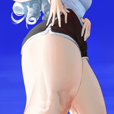 ghdwid, original, 1girl, arms at sides, black shorts, blue background, blush, breasts, brown eyes, dolphin shorts, feet out of frame, from below, hand on hip, legs, long hair