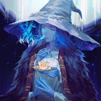 keibleh, elden ring, ranni the witch, 1girl, blue eyes, blue hair, blue skin, cape, closed mouth, colored skin, cracked skin, cup, dress, extra arms, fur cape