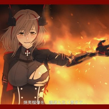 akizuki (17769498), azur lane, roon (azur lane), 1girl, black jacket, black shirt, breasts, burnt clothes, buttons, double-breasted, fire, framed breasts, headgear, jacket, large breasts