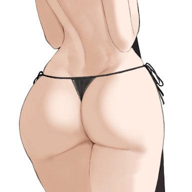 throtem, original, 1girl, ass, back, black panties, blonde hair, closed mouth, dress, dress removed, from behind, green eyes, half-closed eyes, hands up, holding