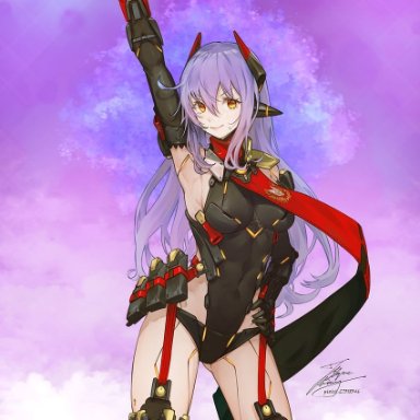 fadingz, xenoblade chronicles (series), xenoblade chronicles 2, poppi (xenoblade), poppi qtpi (xenoblade), 1girl, android, arm up, armpits, ass visible through thighs, bare shoulders, black gloves, black leotard, breasts, closed mouth