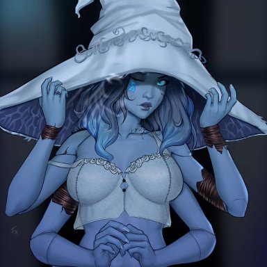 alice frelia, elden ring, ranni the witch, 1girl, alternate breast size, aqua eyes, blue skin, blurry, blurry background, breasts, collarbone, colored skin, crack, cracked skin, doll joints
