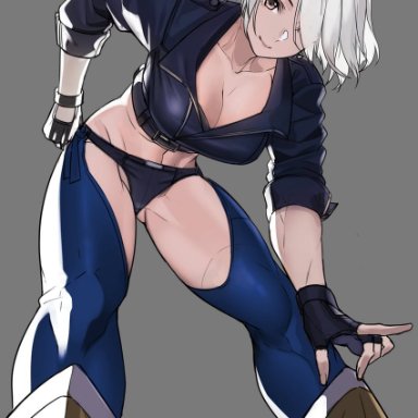 kagematsuri, snk, the king of fighters, the king of fighters xiv, the king of fighters xv, angel (kof), 1girl, boots, bra, breasts, cleavage, cowboy boots, cropped jacket, fingerless gloves, gloves