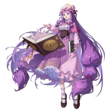 atkdog, touhou, patchouli knowledge, 1girl, absurdly long hair, ankle cuffs, bangs, blunt bangs, book, bow, breasts, brown footwear, capelet, chain, corset