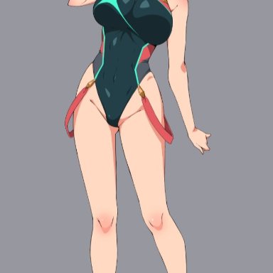 f 1chan, xenoblade chronicles (series), xenoblade chronicles 2, pyra (pro swimmer) (xenoblade), pyra (xenoblade), 1girl, bangs, black swimsuit, breasts, chest jewel, competition swimsuit, covered collarbone, covered navel, gem, headpiece