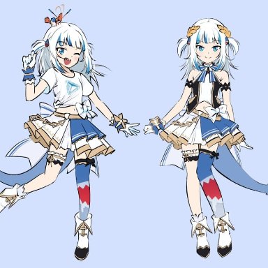 dudul, hololive, hololive english, gawr gura, 1girl, ;d, animal on head, bare shoulders, belt, blue background, blue eyes, blue hair, boots, eyebrows visible through hair, fish tail