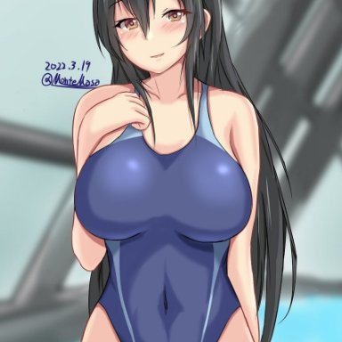 montemasa, kantai collection, chikuma (kancolle), 1girl, ass visible through thighs, blue swimsuit, breasts, collarbone, competition swimsuit, covered navel, cowboy shot, dated, eyebrows visible through hair, hair between eyes, hand on own chest
