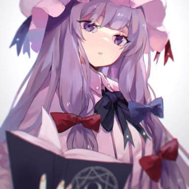 kani nyan, touhou, patchouli knowledge, 1girl, bangs, black bow, black bowtie, bloom, blunt bangs, blurry, book, bow, bowtie, breasts, chromatic aberration
