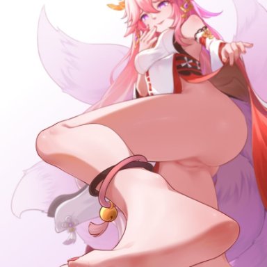 chan sang, genshin impact, yae miko, 1girl, animal ears, anklet, bare legs, bare shoulders, barefoot, blurry, blurry background, breasts, cleft of venus, clothes lift, depth of field