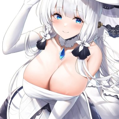 futon fly away, azur lane, illustrious (azur lane), 1girl, areola slip, areolae, bangs, bare shoulders, blue eyes, blush, breasts, cleavage, closed mouth, dress, elbow gloves