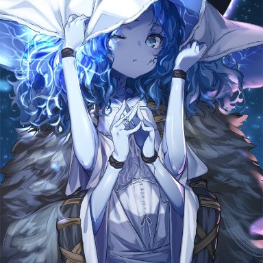 hong (white spider), elden ring, ranni the witch, 1girl, arms up, blue eyes, blue hair, blue skin, cloak, colored skin, cracked skin, doll joints, dress, extra arms, extra faces