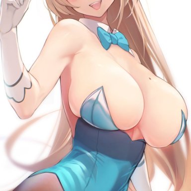 rikiddo (tise 00), blue archive, asuna (blue archive), 1girl, animal ears, bangs, bare shoulders, blue eyes, blue leotard, blush, breasts, brown legwear, cleavage, detached collar, elbow gloves