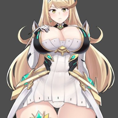 desspie, xenoblade chronicles (series), xenoblade chronicles 2, mythra (xenoblade), 1girl, bangs, bare legs, bare shoulders, blonde hair, breasts, chest jewel, cleavage, cleavage cutout, clothing cutout, dress